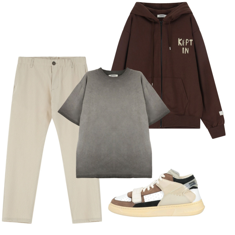 Outfit uomo - Total look. Stile Casual per Tutti i giorni. Abbinamento con sneakers alte, pantaloni, t-shirt, felpe con cappuccio.