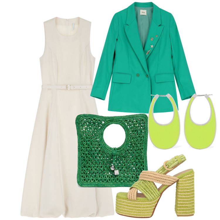 Outfit donna - Green party. Stile Chic per Cerimonia. Abbinamento con sandali in pelle, vestiti midi/longuette, blazer, orecchini, shopping bag.