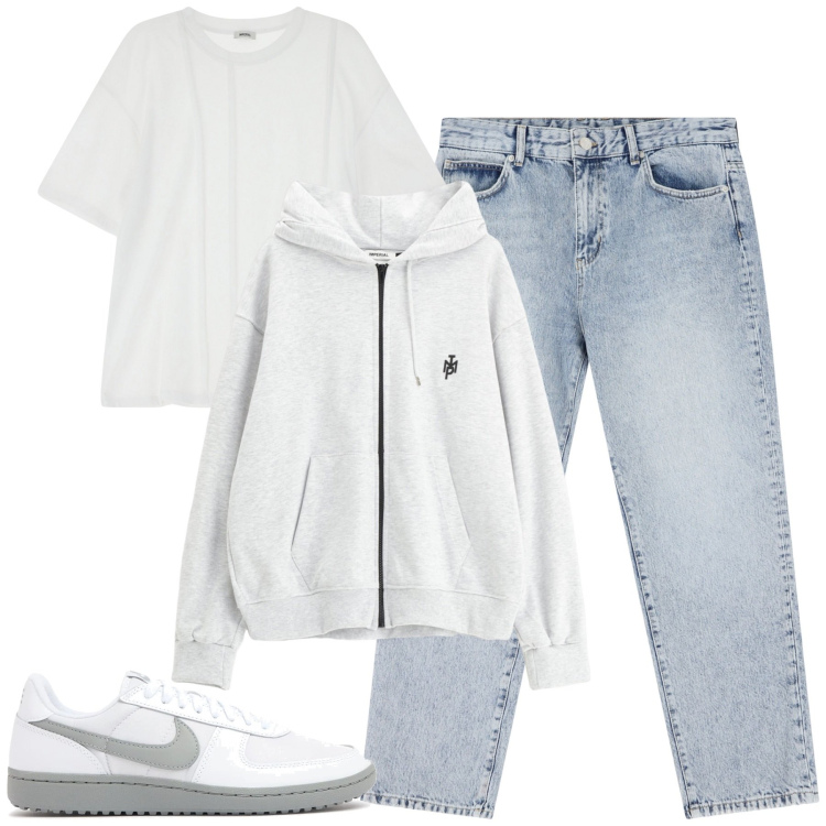 Outfit uomo - Aprile. Stile Casual per Tutti i giorni. Abbinamento con jeans dritti, t-shirt, felpe con cappuccio, sneakers.