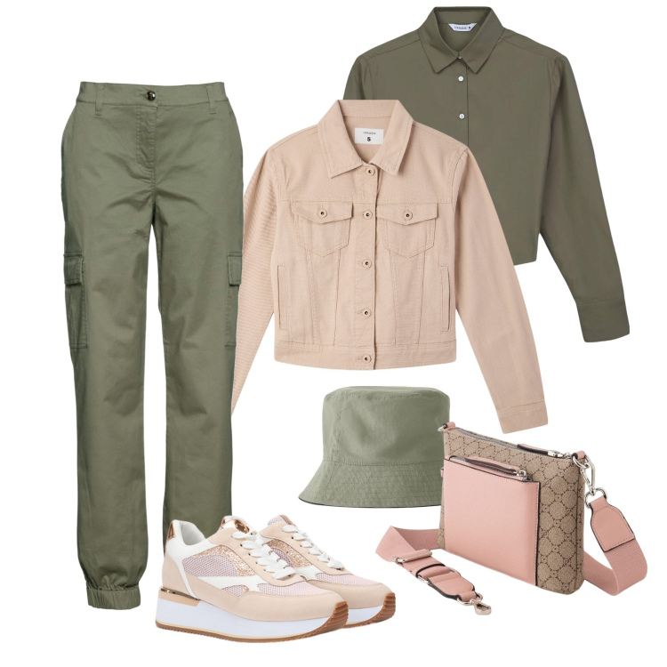 Outfit donna - Per tutti i giorni. Stile Casual per Tutti i giorni. Abbinamento con pantaloni cargo, cappelli, camicie, blazer, borse a tracolla, sneakers.