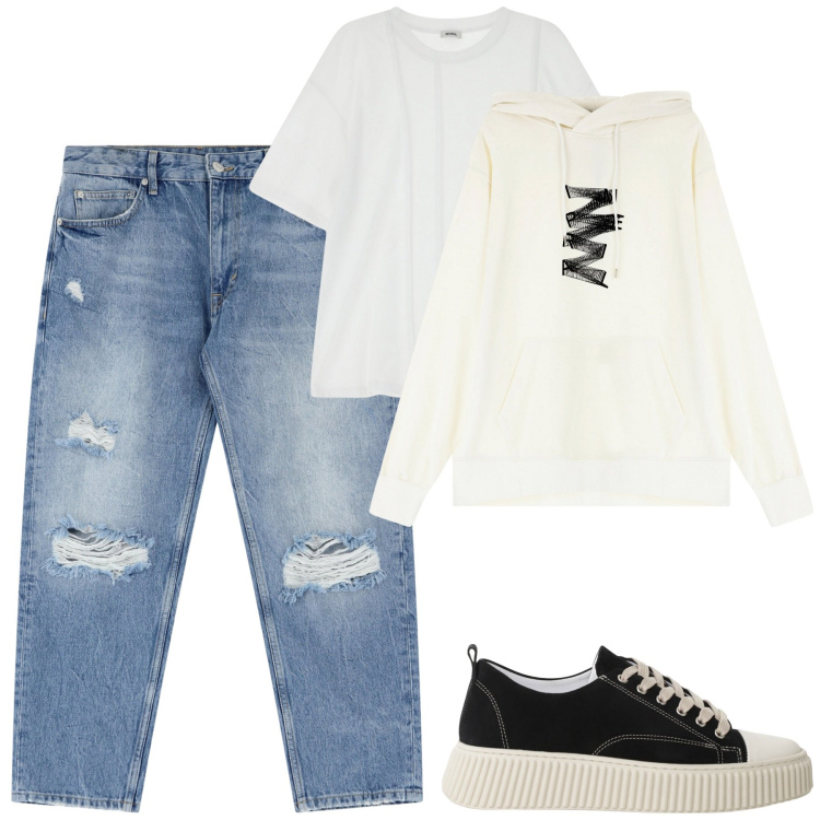 Outfit uomo - Total look #2106980. Stile Casual per Tutti i giorni. Abbinamento con sneakers, jeans strappati, felpe con cappuccio, t-shirt.