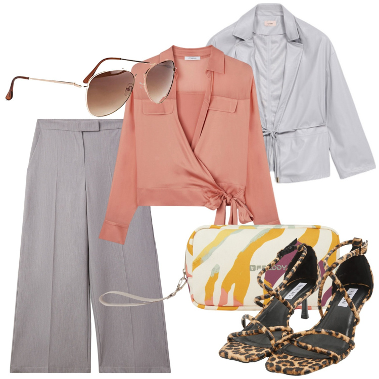 Outfit donna - Avril chic. Stile Chic per Tutti i giorni. Abbinamento con occhiali da sole, sandali col tacco, pantaloni a palazzo, valigie, camicie, blazer.