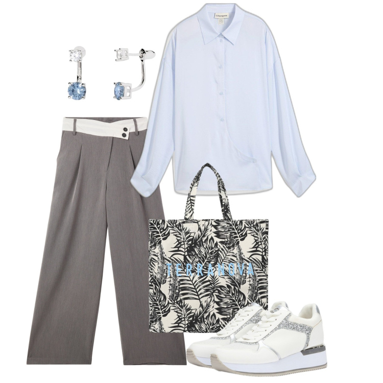 Outfit donna - Essenziale. Stile Basic per Ufficio. Abbinamento con camicie, pantaloni, borse tote, orecchini, sneakers.
