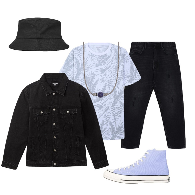 Outfit uomo - Urban man. Stile Urban per Tutti i giorni. Abbinamento con sneakers alte, giacche, cappelli, jeans strappati, t-shirt, collane.