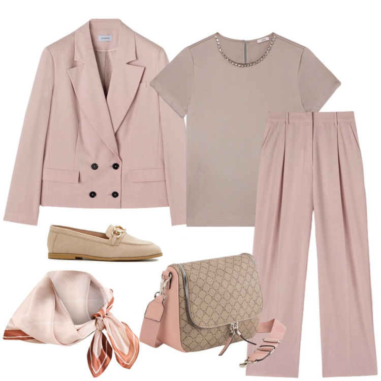 Outfit donna - Ufficio. Stile Casual chic per Ufficio. Abbinamento con mocassini, foulard, blazer, borse a tracolla, bluse, pantaloni a palazzo.