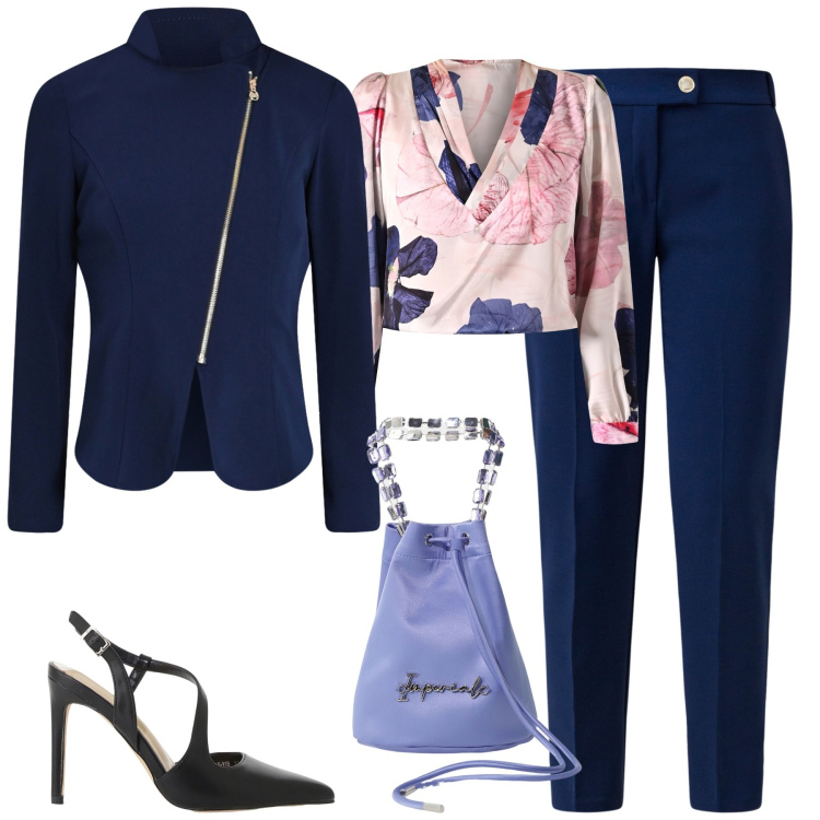 Outfit donna - Sconti mezza stagione. Stile Chic per Cerimonia. Abbinamento con blazer, pantaloni, bluse, borse a secchiello, décolleté.