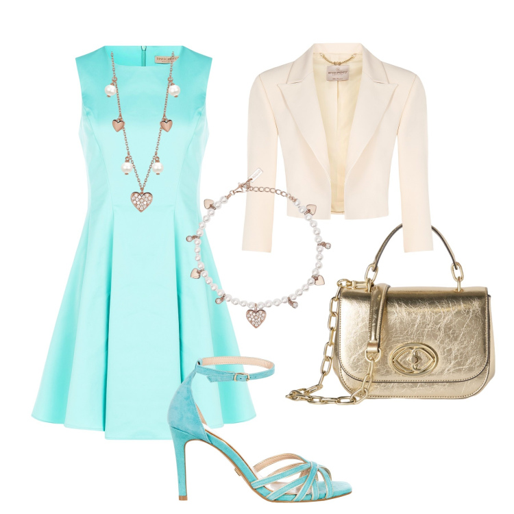 Outfit donna - Cerimonia verde acqua. Stile Chic per Cerimonia. Abbinamento con collane, braccialetti, vestiti corti, bolero, sandali col tacco, borse a tracolla.