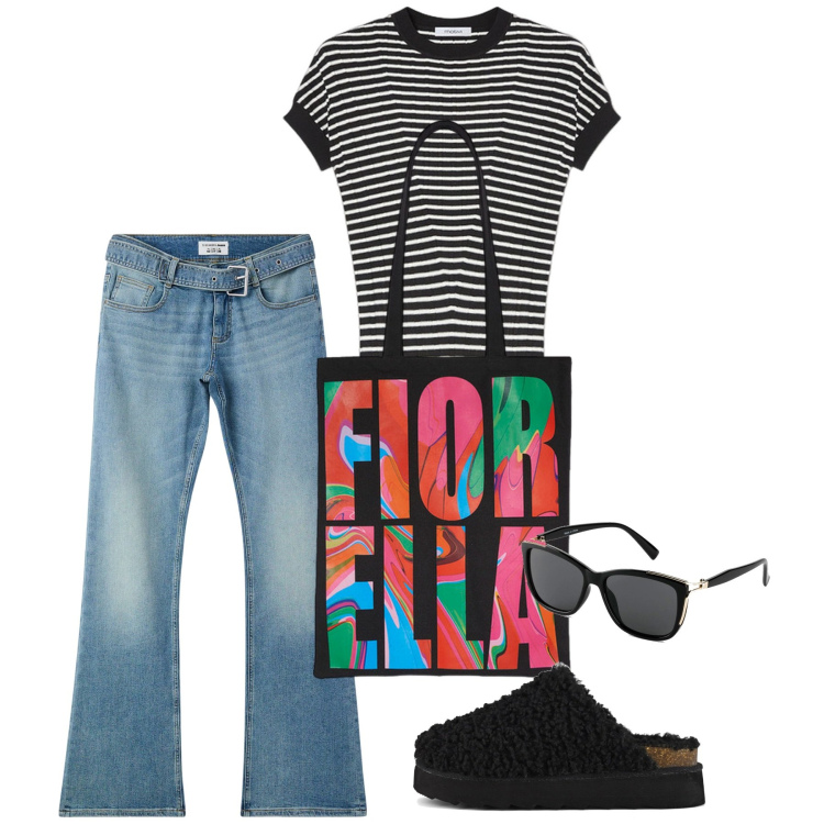 Outfit donna - Fine settimana. Stile Casual per Tutti i giorni. Abbinamento con occhiali da sole, jeans a zampa, borse tote, sabot, maglieria.