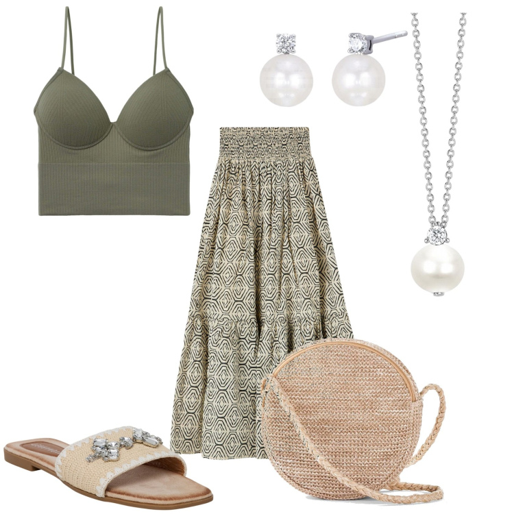 Outfit donna - Mi piaccio così. Stile Trendy per Tutti i giorni. Abbinamento con borse a tracolla, ciabatte, top, gonne lunghe, orecchini, collane.
