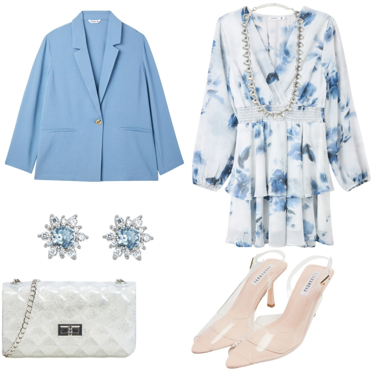 Outfit donna - Cerimonia primaverile. Stile Bon Ton per Cerimonia. Abbinamento con borse a tracolla, blazer, sandali col tacco, vestiti, collane, orecchini.