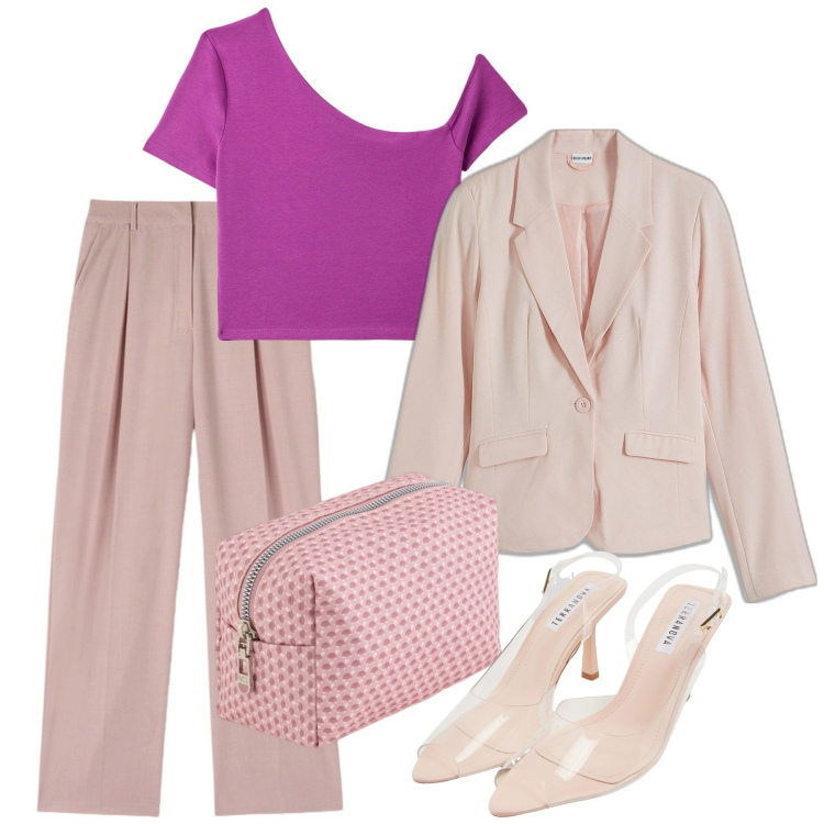 Outfit donna - Aprile. Stile Bon Ton per Tutti i giorni. Abbinamento con blazer, t-shirt, sandali col tacco, pantaloni a palazzo, valigie.