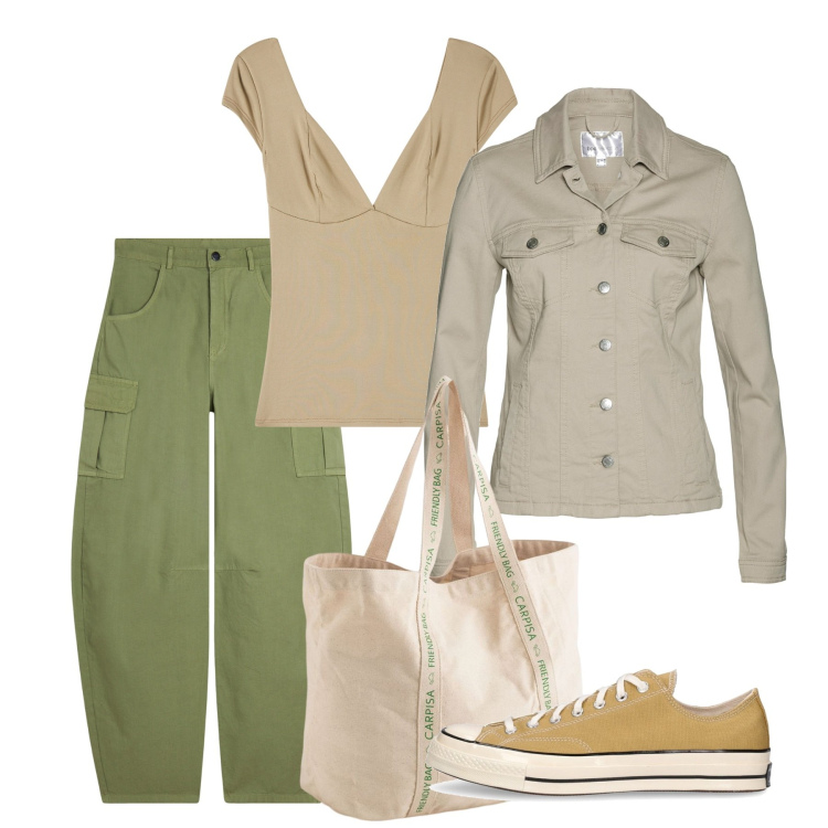 Outfit donna - Casual chic. Stile Casual chic per Tutti i giorni. Abbinamento con blazer, t-shirt, pantaloni cargo, sneakers, shopping bag.