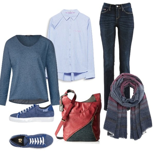 Outfit donna - Urban #9753. Stile Urban per Tutti i giorni. Abbinamento con jeans dritti, sneakers tennis, borsa a tracolla rosso, camicia blu, t-shirt con arricciature melange a maniche lunghe con orlo blu, sciarpa taglia unica rosso.