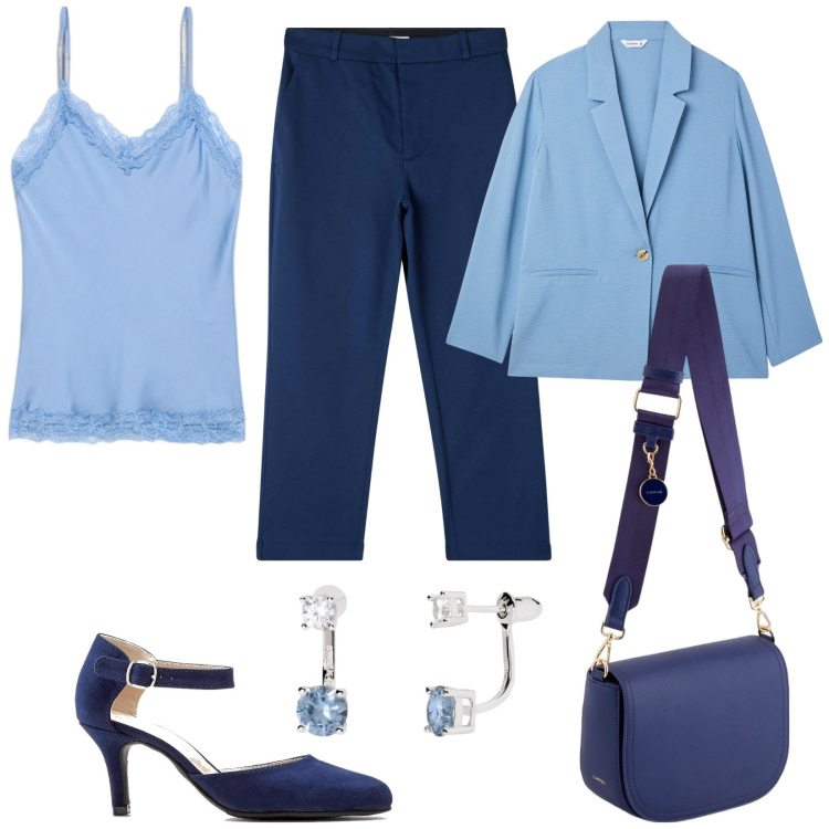 Outfit donna - Azzurro cielo. Stile Bon Ton per Serata fuori. Abbinamento con décolleté, pantaloni chino, blazer, orecchini, borse a tracolla, top.