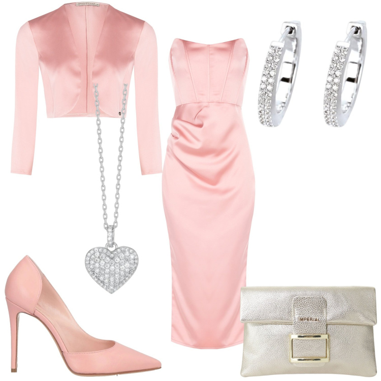 Outfit donna - Notte rosa. Stile Chic per Serata fuori. Abbinamento con décolleté, pochette, orecchini, collane, vestiti midi/longuette, bolero.