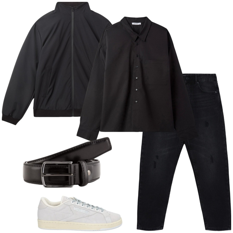 Outfit uomo - Total look #2107053. Stile Trendy per Serata speciale. Abbinamento con sneakers, giacche, jeans strappati, camicie, cinture.