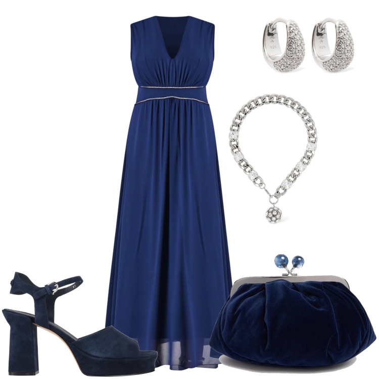 Outfit donna - Notte in blu. Stile Chic per Serata fuori. Abbinamento con sandali in pelle, vestiti lunghi, collane, pochette, orecchini.