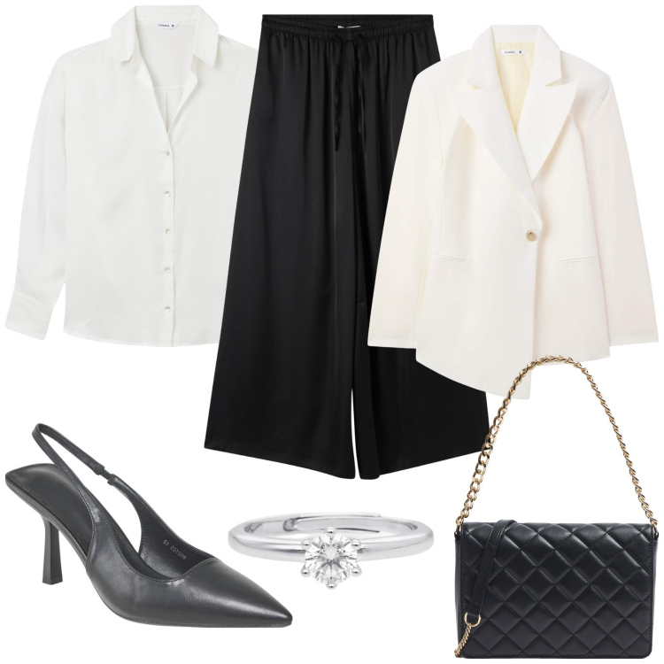 Outfit donna - Terranova occasioni speciali. Stile Chic per Serata fuori. Abbinamento con blazer, pantaloni, camicie, décolleté, borse a tracolla, anelli.