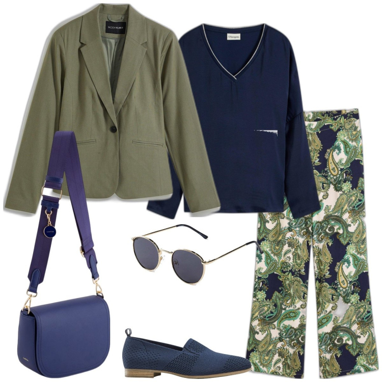 Outfit donna - Dinamica. Stile Casual per Tutti i giorni. Abbinamento con pantaloni, blazer, occhiali da sole, bluse, mocassini, borse a tracolla.