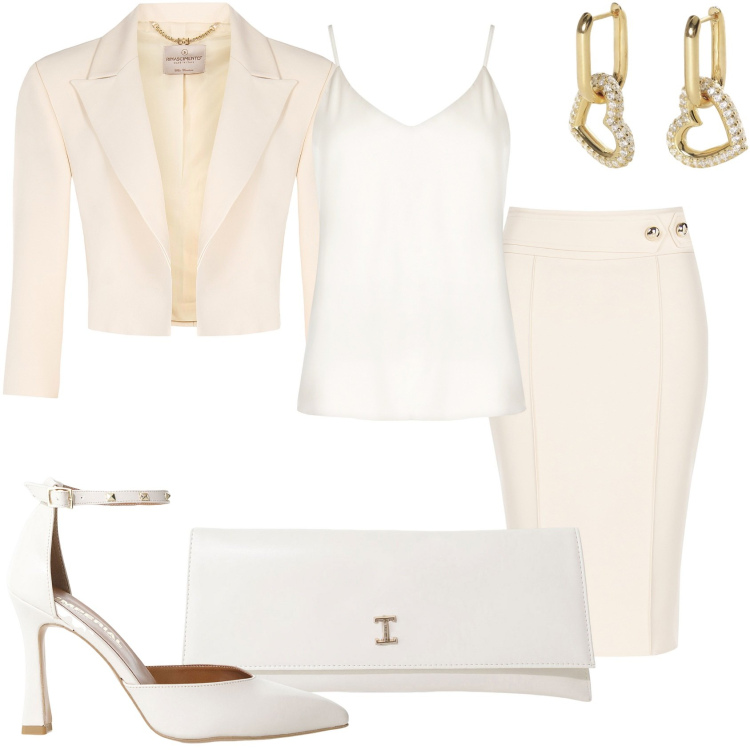 Outfit donna - Matrimonio. Stile Chic per Cerimonia. Abbinamento con décolleté, pochette, orecchini, top, gonne longuette, bolero.