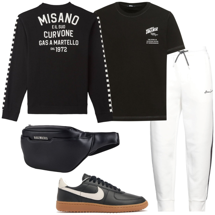 Outfit uomo - B&w. Stile Casual per Tutti i giorni. Abbinamento con borse sportive, pantaloni, felpe, t-shirt, sneakers.
