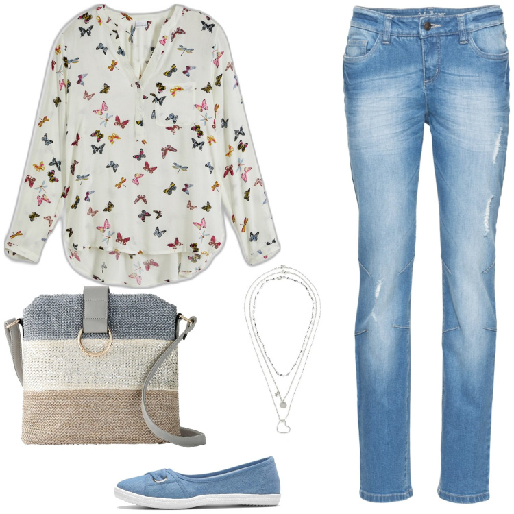 Outfit donna - Blusa con la farfalle. Stile Casual per Tutti i giorni. Abbinamento con bluse, ballerine, collane, jeans boyfriend, borse a tracolla.