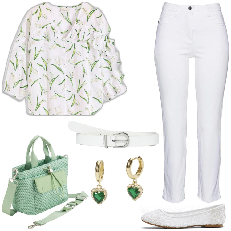 Outfit donna - Blusa e jeans Total look. Stile Casual per Tutti i giorni. Abbinamento con pantaloni, ballerine, bluse, cinture, orecchini, borse a mano.