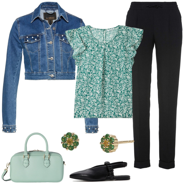 Outfit donna - Blusa verde a fiorellini. Stile Casual per Tutti i giorni. Abbinamento con ballerine, pantaloni, blazer, bluse, orecchini, borse a mano.