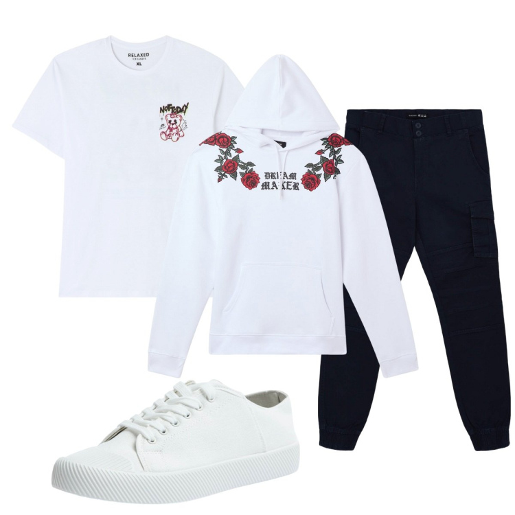 Outfit uomo - Total look #2107118. Stile Trendy per Sport. Abbinamento con felpe con cappuccio, sneakers, t-shirt, pantaloni cargo.