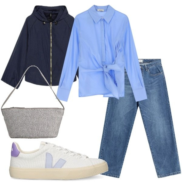 Outfit donna - A spasso per la città. Stile Casual per Tutti i giorni. Abbinamento con borse a mano, jeans dritti, camicie, parka, sneakers.