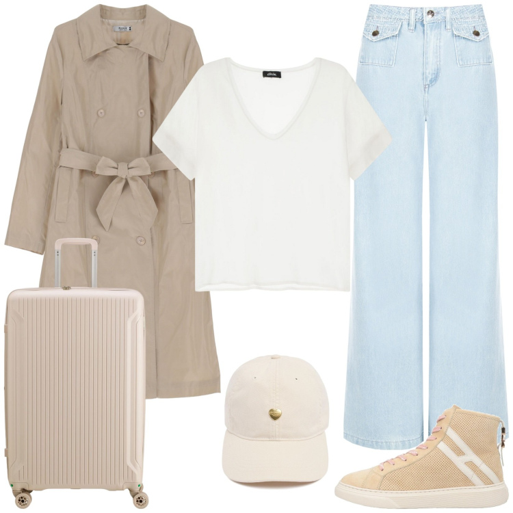 Outfit donna - In partenza. Stile Casual per Tutti i giorni. Abbinamento con sneakers alte, t-shirt, jeans dritti, trench, valigie, cappelli.