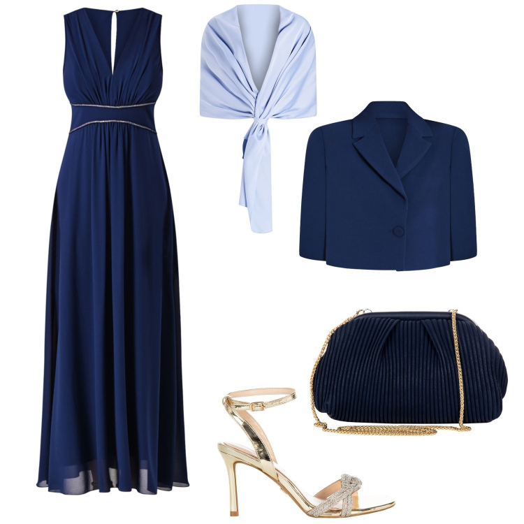 Outfit donna - Cerimonia in blu. Stile Bon Ton per Cerimonia. Abbinamento con pochette, vestiti lunghi, stole, cappe, sandali col tacco.