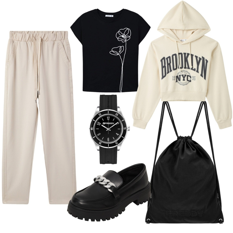 Outfit donna - Black and white. Stile Sporty chic per Tutti i giorni. Abbinamento con pantaloni skinny, t-shirt, felpe con cappuccio, mocassini, orologi, zaini.