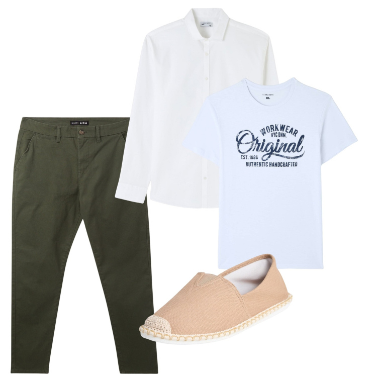 Outfit uomo - Total look. Stile Casual per Tutti i giorni. Abbinamento con t-shirt, espadrillas, pantaloni chino, camicie.