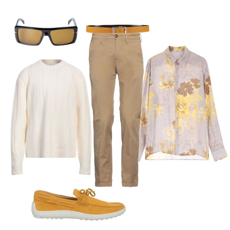 Outfit uomo - Il giallo dà luce. Stile Trendy per Mare. Abbinamento con scarpe stringate, pullovers, pantaloni chino, cinture, camicie, occhiali da sole.
