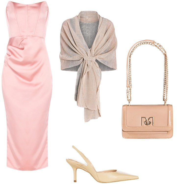 Outfit donna - Cerimonia nel rosa neutro. Stile Romantica per Cerimonia. Abbinamento con stole, vestiti midi/longuette, décolleté, borse a tracolla.