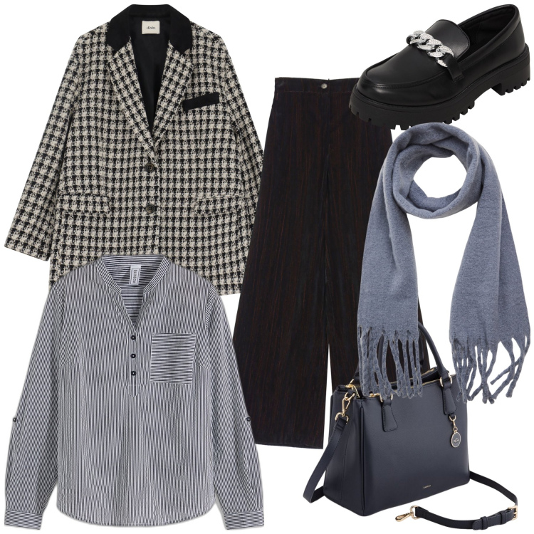 Outfit donna - Giacca pied de poule. Stile Mannish per Ufficio. Abbinamento con tuniche, mocassini, sciarpe, pantaloni a palazzo, blazer, borse a mano.