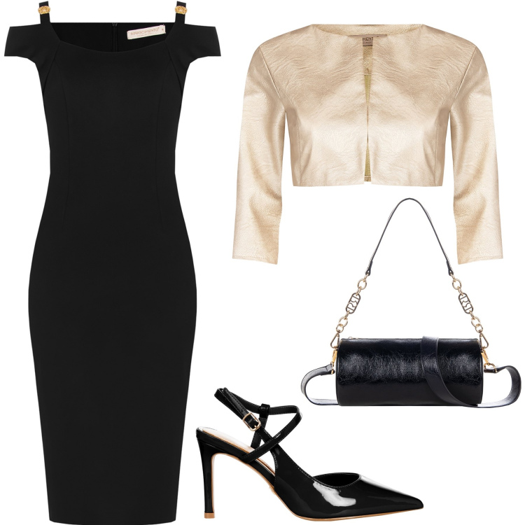 Outfit donna - Total look per un vernissage. Stile Chic per Cerimonia. Abbinamento con bolero, vestiti midi/longuette, borse a mano, décolleté.