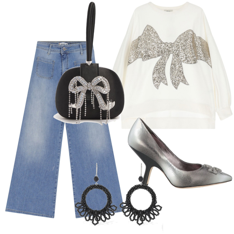 Outfit donna - Fiocchi d argento per l aperitivo. Stile Glamour per Serata fuori. Abbinamento con décolleté, jeans, felpe, orecchini, pochette.