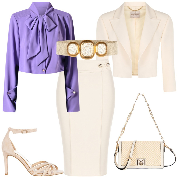 Outfit donna - Panna e lilla. Stile Chic per Cerimonia. Abbinamento con sandali col tacco, gonne longuette, borse a tracolla, bolero, bluse, cinture.