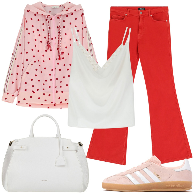 Outfit donna - Felpa con cappuccio. Stile Basic per Tutti i giorni. Abbinamento con borse a mano, canottiere, pantaloni, blazer, sneakers.