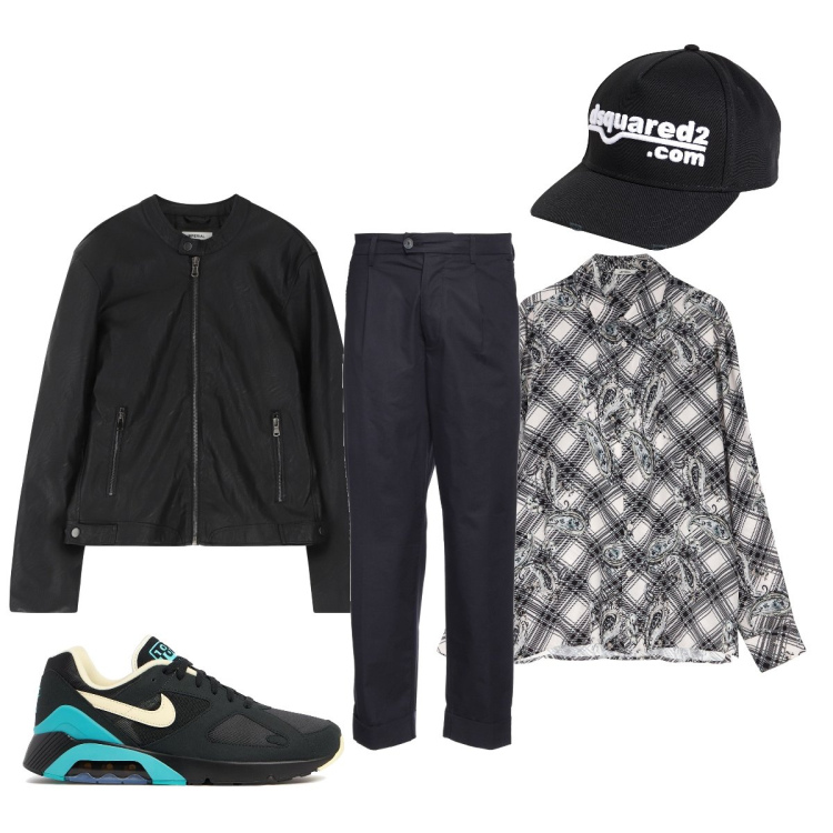 Outfit uomo - Total look #2107170. Stile Urban per Tutti i giorni. Abbinamento con cappelli con visiera, pantaloni, giacche, camicie, sneakers.