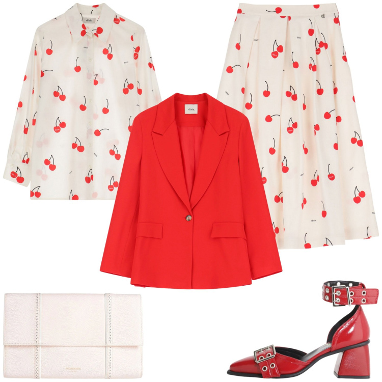 Outfit donna - Ciliegine total look. Stile Glamour per Tutti i giorni. Abbinamento con borse a mano, blazer, décolleté, gonne, camicie.