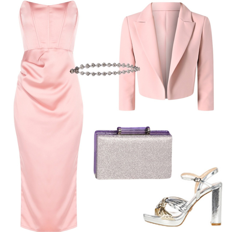 Outfit donna - Rosa e argento. Stile Chic per Cerimonia. Abbinamento con vestiti midi/longuette, sandali in pelle, pochette, blazer, cinture.