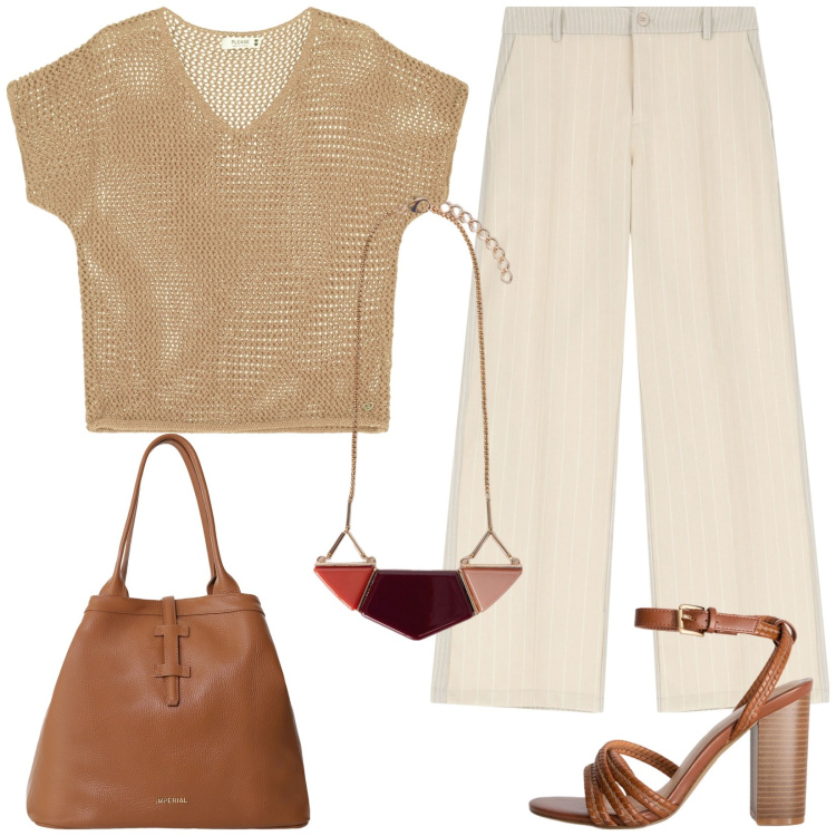 Outfit donna - Look da giorno. Stile Casual chic per Tutti i giorni. Abbinamento con maglieria, pantaloni, borse tote, sandali col tacco, ciondoli.