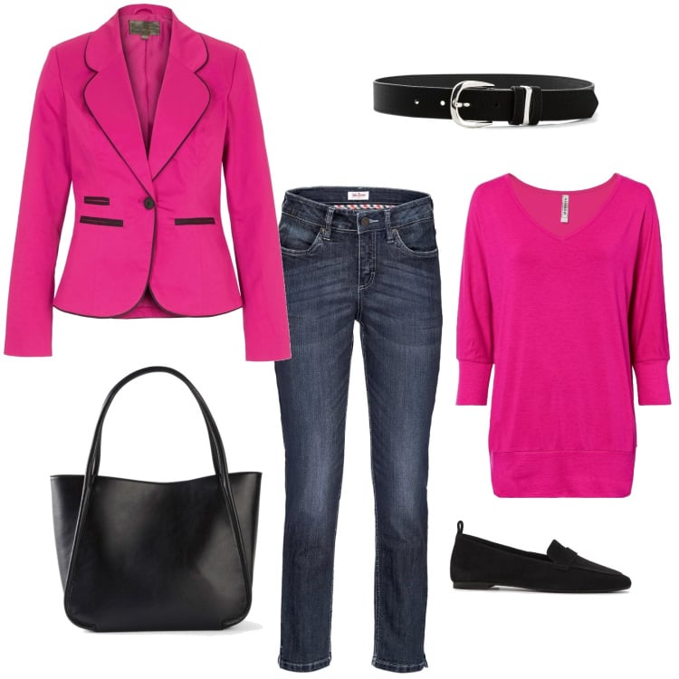 Outfit donna - Mix & Match. Stile Casual chic per Ufficio. Abbinamento con maglieria, jeans, shopping bag, cinture, blazer, mocassini.