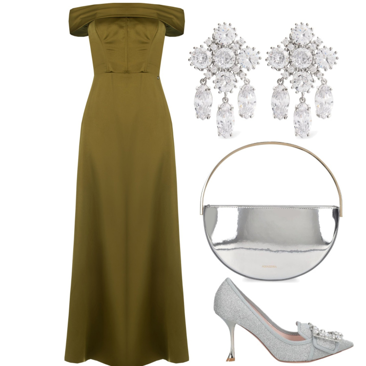 Outfit donna - Magic night. Stile Chic per Serata fuori. Abbinamento con décolleté, vestiti lunghi, pochette, orecchini.