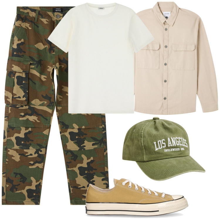 Outfit uomo - Camicia oversize. Stile Casual per Tutti i giorni. Abbinamento con camicie, pantaloni cargo, cappelli, t-shirt, sneakers.