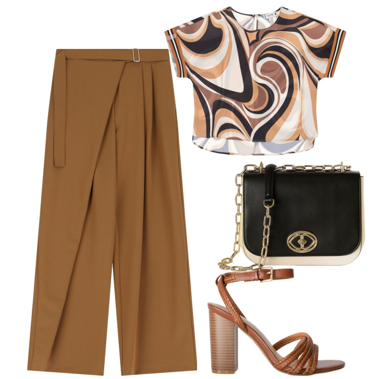 Outfit donna - Tanaacco. Stile Urban per Tutti i giorni. Abbinamento con bluse, pantaloni a palazzo, sandali col tacco, borse a tracolla.