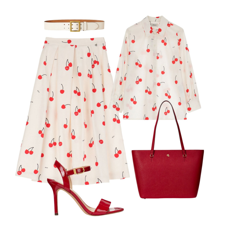 Outfit donna - Una dolce primavera. Stile Chic per Tutti i giorni. Abbinamento con borse tote, cinture, sandali col tacco, gonne, camicie.